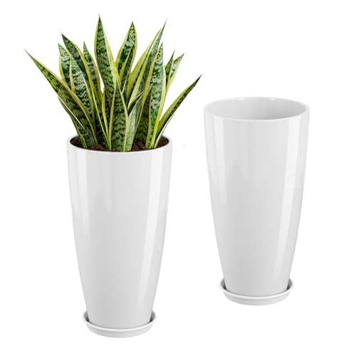 QCQHDU 21 inch Tall Planters for Outdoor & Indoor Plants, Set of 2 Large Outdoor Planters with Drainage Hole for Front Porch, Patio, Garden, White - color: White, size: 21 inch