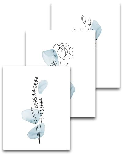 HesenDot Unframed Boho Blue Watercolor Floral Wall Art Set of 3, 12x16in | Botanical Abstract Flower Line Canvas Prints, Minimalist Botanical Posters Home Décor for Living Room Bathroom Bedroom - color: Unframed Flower Blue