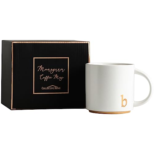 COLLECTIVE HOME Ceramic Coffee Mug, 15 oz Monogram Cup with Gift Box(b) | Dishwasher Safe, Engraved Gold Letter , Personalized Housewarming Birthday Present, Christmas Thanksgiving Mothers Day Gifts - color: gold-b