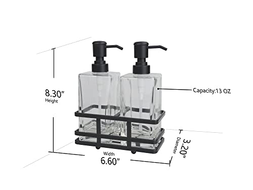 Square Glass Clear Lotion and Soap Pump Dispenser Set with Metal Stand Caddy for Bathroom Bath Kitchen Home Office Travel Hotel Hand Crafted Heavy Weight Matte Black - color: Black
