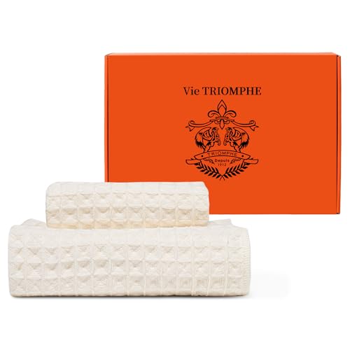 Vie Triomphe Waffle Weave Hand Towel and Washcloth Set of 2 Hollow Yarn Cotton 13.4x29.5 Hand Towel 13.4x13.8 Face Cloth, Lightweight Quick Dry Off-White Bathroom Towels for Daily Use, Gym Travel RV