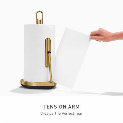 simplehuman Tension Arm Countertop Paper Towel Holder, Easy One-Handed Tear, Standing Weighted Base with Finger Loop, Heavy Duty, Brass Stainless Steel - color: Brass Stainless Steel