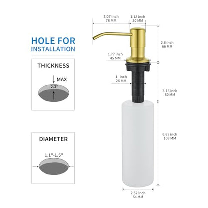 Built in Soap Dispenser for Kitchen Sink, Gold Brushed Stainless Steel Countertop Pump Head, Dish Soap Hand Lotion Dispenser with Refillable 17OZ Bottle - color: Gold Brushed