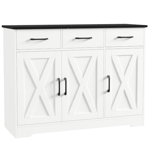HOSTACK Kitchen Buffet Cabinet with Storage, Sideboard Coffee Bar, White | Farmhouse Kitchen Storage Cabinet with 3 Drawers & Adjustable Shelf & Doors, 42.5"W Buffet Table for Dining Living Room - color: White/Black