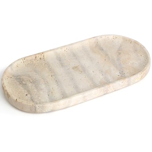 Genuine Real Natural Marble Tray for Bathroom, Luxury Ultra White Travertine Stone Vanity Tray, Decorative Oval Trays for Countertop Storage, Vanity, Dresser, Kitchen, Home Decor, 11.9"*5.8" - color: Ultra White Travertine