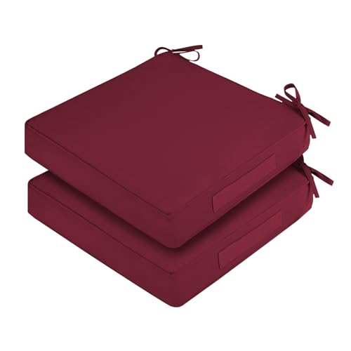 Waterproof Outdoor Chair Cushions Set of 2, Square Outdoor Seat Cushions with Ties and Removable Covers, 19 x 19 Outdoor Cushions for Patio Furniture with Portable Handle(Burgundy) - color: Burgundy, size: 19x19x3