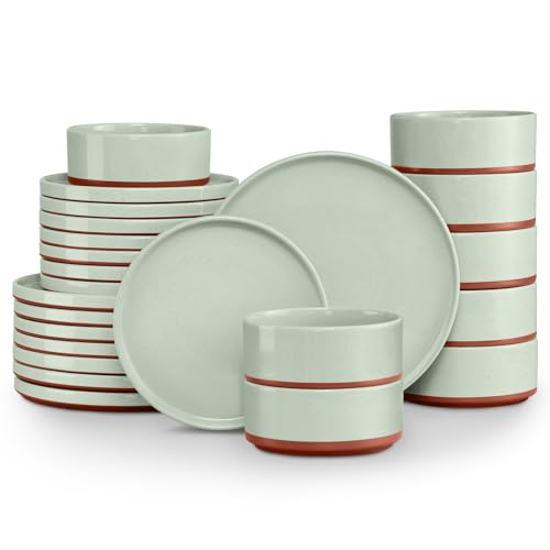 LIANYU Stoneware Dinnerware Sets Service for 8, 24 PCS Plates and Bowls Set | Handmade Ceramic Dish Set, Highly Chip and Crack Resistant Modern Plate Set, Laurel Green - color: Fog Green