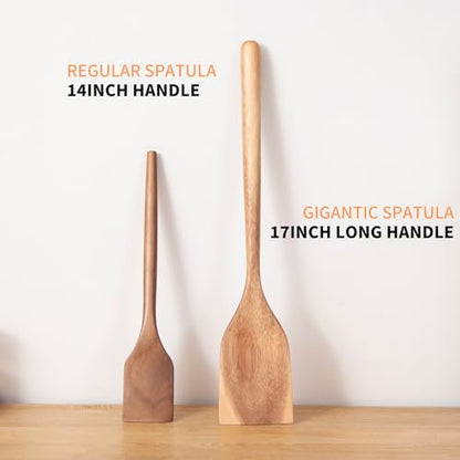 2PCS Long Handle Gigantic Spatula Spoon Premium Acacia Wooden Spoons For Cooking 17''Large Soliod Wooden Cooking Spoons Smooth Finish in Large Style Cooking Kitchen Utensil Set