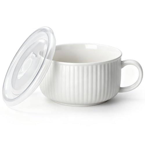 vancasso 38oz Soup Mug with Lid and Handle Steam Vent Bowl White 1 Pack | 38oz Large Ceramic Soup Mug, Vented Silicone Lid, Heat-Insulated Handle, Reactive Glaze, Microwave and Dishwasher Safe