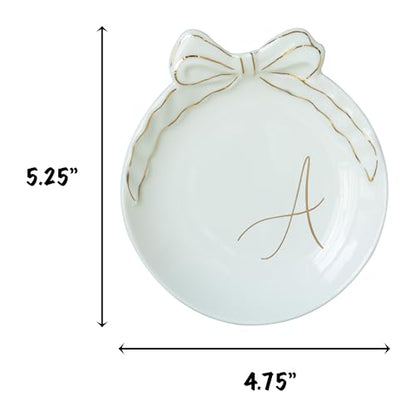 COLLECTIVE HOME Ceramic Jewelry Tray, Monogram Trinket Dish with Bow (A) | Mothers Day Graduation Christmas Birthday Gifts for Women, Bridesmaid Proposal Gifts, Features Real Gold Trim & Gift Box - color: A