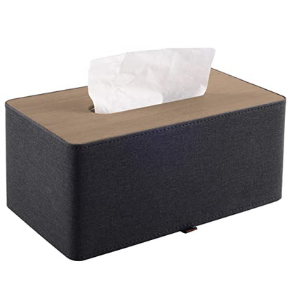 High-end Pu Leather Tissue Box Holder Two Color Combination-Linen and Wood Grain,Rounded Rectangle Napkin Paper Case Dispenser for Home Bathroom Dresser Offices Car Tissue Cover (Black) - color: Black Linen