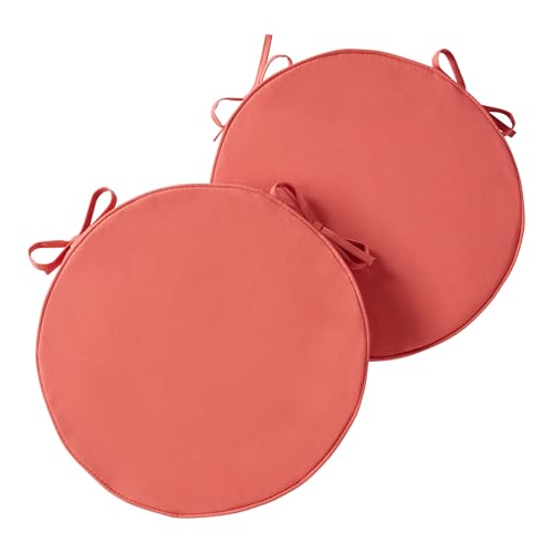 Greendale Home Fashions Set of 2 Outdoor 18 inch Round Patio Dining Chair Pads – Comfortable Fiber-Filled Seat Cushions with Ties, Reversible Polyester Fabric, Coral - color: Coral