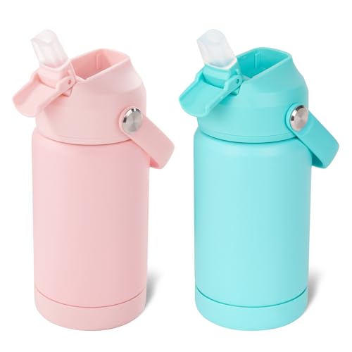 Kerilyn 12oz Kids Water Bottle 2 Pack, Stainless Steel Insulated Water Bottle Bulk, Toddler Cups with Straws Leak-Proof, Kids Water Bottles for School Boys Girls, BPA Free, Pink+Green 2 Piece Set - color: A. Pink+Green
