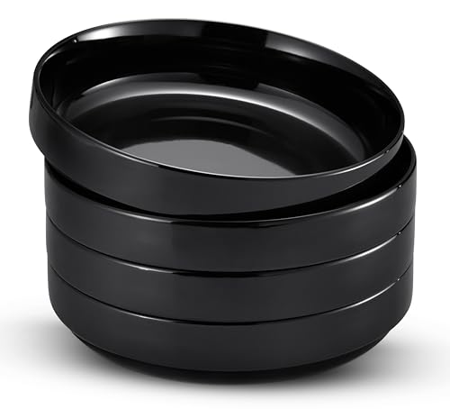 KooK Pasta Bowl, Bowl Plate, Low Bowl, Plate Bowls, Ceramic Large Shallow Bowls, Microwave and Dishwasher Safe, Great for Soups and Salads, Glossy Porcelain, 47 oz, Set of 4, Black - color: Black