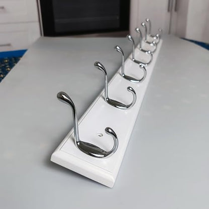 Wood Wall Mounted Coat Rack 32 inch (80cm) with 7 Silver Hooks, Lang Wooden White Wall Coat Hook Rack for Entrance, Hallway, Bedroom, White Wall Clothes Hanger - size: Long-31.5in(80cm),7 Silver Hooks, style: Modern