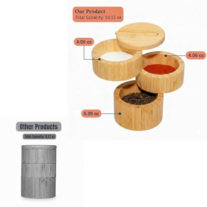 3-Tier Bamboo Salt Cellar with Magnetic Lid and Spoon, 10.15 oz | Ideal for Celtic Sea Salt, Ideal for Redmond Real Salt, Salt and Pepper Bowls