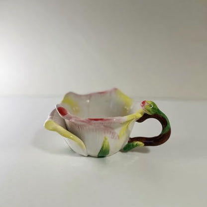Ceramic Tea Cup and Saucer Set ，6OZ 3D Hand-Painted Flower and Lotus Leaf Coffee Mug，Gift for Women- Champagne Rose - color: Champagne Rose