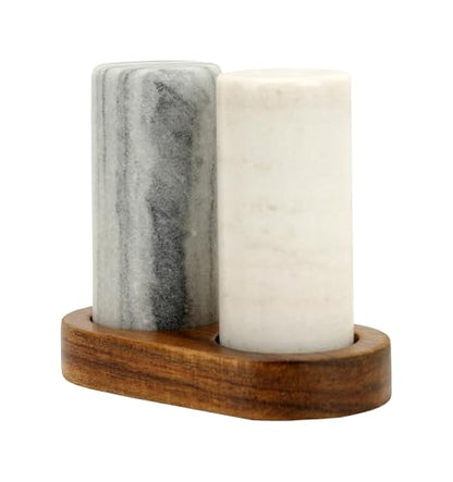 Elegant Marble Salt and Pepper Shaker Set with Acacia Wood Holder - Real Grey and White Marble Cylindrical Shakers for Kitchen Shelf, Table or Spice Rack - 1.75” x 3.75” Each