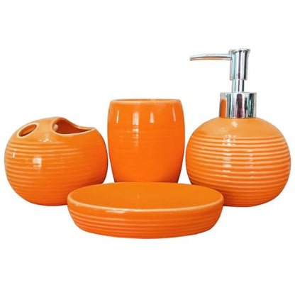 Orange Bathroom Accessories Set 4 Pcs, Ceramic Bathroom Accessory Set with Lotion Soap Dispenser, Toothbrush Holder, Bathroom Tumbler and Soap Dish,Orange Bathroom Decor