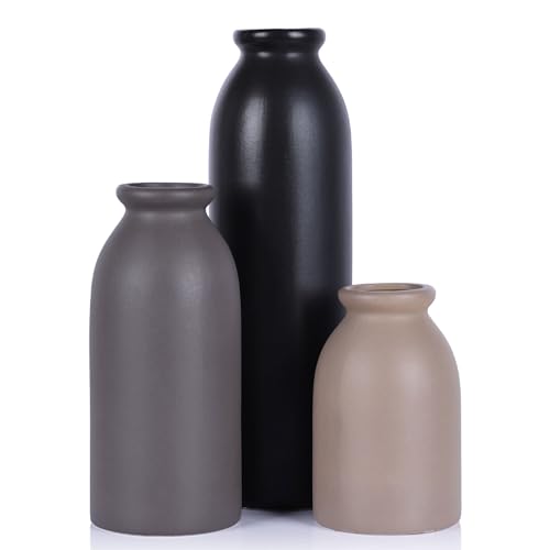 Matte Ceramic Vase Set of 3 - Modern Rustic Farmhouse Style, Decorative Vases for Dining Table, Shelf, Bedroom, Living Room, Kitchen, Office, Bathroom, Mantle, Centerpiece Décor (Neutral) - color: Neutral