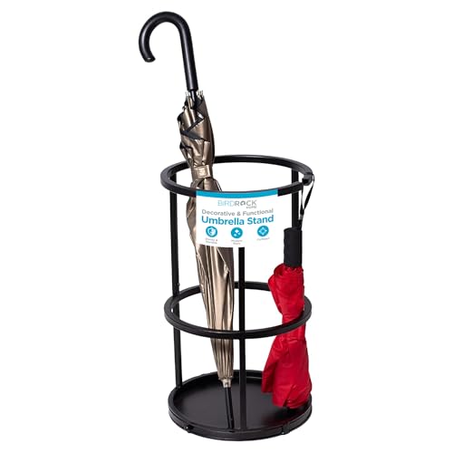 BIRDROCK HOME Circular Umbrella Holder with Removable Drip Tray - Stand for Umbrellas - Entryway - Decorative Metal Freestanding Rack Organizer - Cane Walking Stick Holder - Black - style: Open