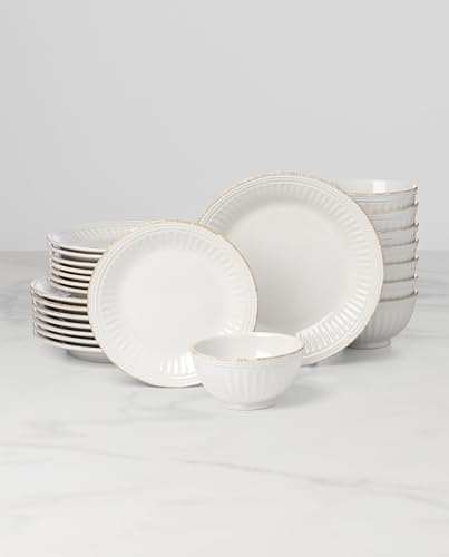 Lenox French Perle Groove White Stoneware 24-Piece Dinnerware Set for 8 | dishwasher safe | plates and bowls sets for kitchen and dining | 11 inch plate, dish set, dishes | 2.25 inch, 16oz - style: 24-Piece Dinnerware Set