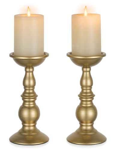 NUPTIO Gold Pillar Candle Holder: Brass Tall Stand for 3" Candles | (2 x L) Large Vintage Decorative Centerpiece for Table Fireplace, Gifts for Christmas Wedding Party Home Spa Reiki - color: Gold, size: L + L