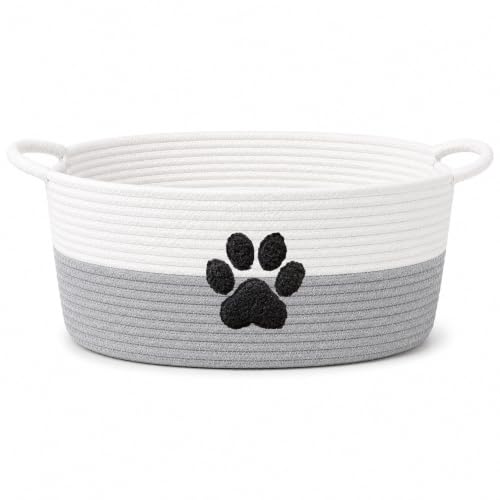 Dog Toy Basket with Handles, Grey Cotton Rope Storage Bin Organizer | Neutral grey dog toy organizer that blends any decor. Holds toys, blankets & leashes. Machine washable, collapsible rope bin. - color: Grey/White