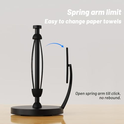 VEHHE Paper Towel Holder Countertop, Black Paper Towel Holder with Spring Activated Arm and Damping Effect, Simply Tear Paper Towel Stand for Bathroom and Kitchen (Black) - color: Black, size: Suction Base