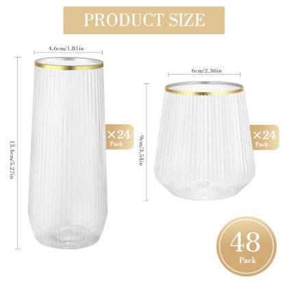 48 Pack Ribbed Plastic Wine Glasses – 24 x 9oz Stemless Champagne Flutes & 24 x 12oz Disposable Wine Glasses – Elegant Disposable Plastic Cups with Gold Rim – BPA-Free Drinkware for Weddings, Parties - color: Gold Rim Ribbed
