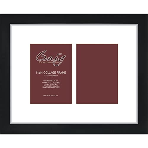 Craig Frames 11x14 Picture Frame, Black Contemporary Style, 1 Inch Wood Composite Moulding, Smooth Wrap Finish, Glass Front, White Collage Mat with 2 Openings for 5x7 Photos, Wall Display - color: Black