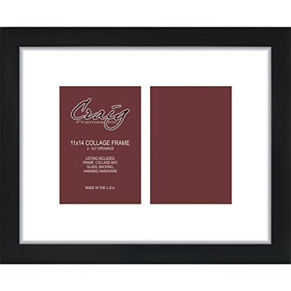 Craig Frames 11x14 Picture Frame, Black Contemporary Style, 1 Inch Wood Composite Moulding, Smooth Wrap Finish, Glass Front, White Collage Mat with 2 Openings for 5x7 Photos, Wall Display - color: Black