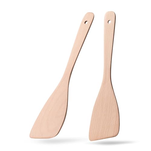 Wooden Spatulas for Cooking, 2 Pack, 12.8 Inch, Uncoated Beech Wood | Thin flat edges help flip, stir and scrape; long handles provide comfortable reach and stay gentle on nonstick cookware. - color: Uncoated Beech Pale Yellow, size: Thin 12.8" Angled Edg