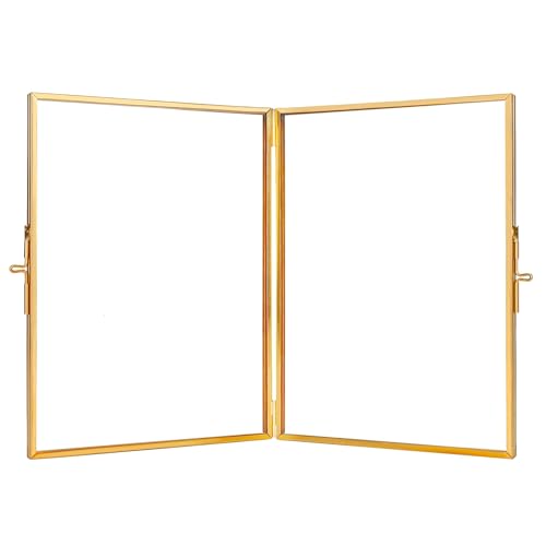 REDHUGO Glass Pressed Flower Frame Handmade, Rectangle, Gold, 6×8 Inches | Hinged Double Press Flower Frame, Tabletop Brass Photo Frames, Rectangle Dried Flowers Display Folding Frames for Home - color: Gold, size: 6L" x 8W"