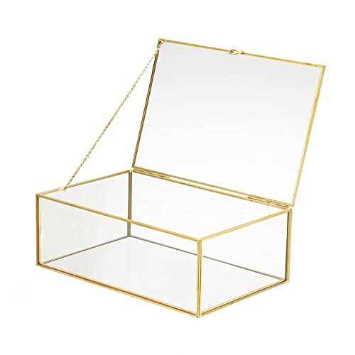 10.8” Glass Jewelry Box Gold Card Box with Hinged Lid, Gold Keepsake Box for Storage Wedding Card, Trinkets, Photo and More, Cute Glass Box for Women and Girl,Vintage - color: Glod / Transparent, size: Large