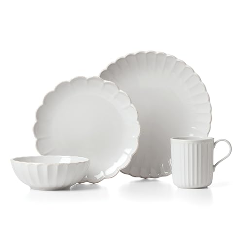 Lenox French Perle Scallop White Stoneware 4-Piece Dinnerware Set for 1 | dishwasher safe, microwave safe | plates and bowls sets for kitchen and dining | 11 inch plate, dish set - style: 4-Piece Place Setting White