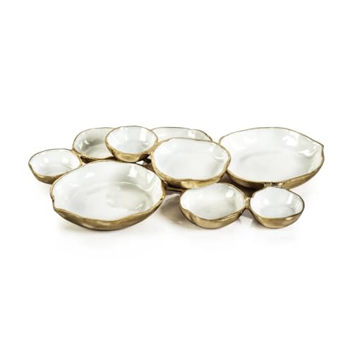 Zodax Cluster of 9 Round Gold & White Enamel Serving Bowls, 19 x 12 x 2.5in - color: Gold and White