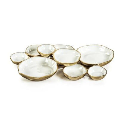 Zodax Cluster of 9 Round Gold & White Enamel Serving Bowls, 19 x 12 x 2.5in - color: Gold and White