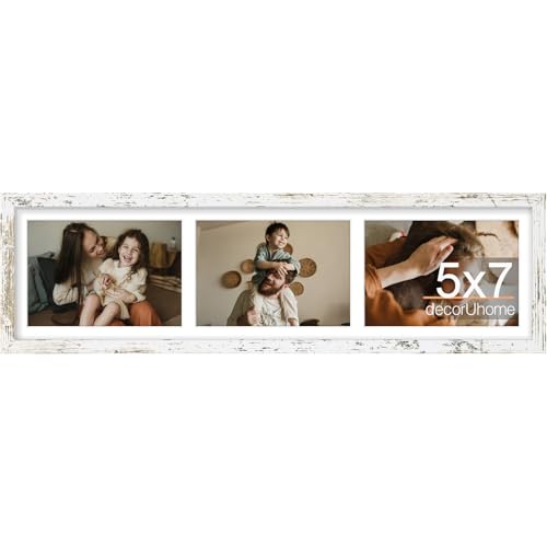 decorUhome 3 5x7 Picture frames Collage Wall Decor with Mat, MD12DW | Distressed White 6x22 Engineered Wood Picture frame, Fits Three 5x7 Photos with Mat, 1 Pack - color: Distressed White, size: 6x22 (3-5x7)
