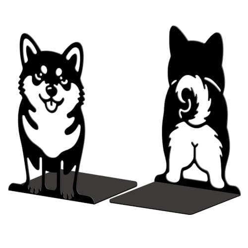5.3"x4.3"x7.9" Metal Bookends, Heavy Duty Book Ends for Shelves | Cute Shiba Inu Theme Cast Iron Book Supports, 1 Pair Decor Stoppers for Desk, Library, Office & Home Shelves - style: Cute Shiba Inu