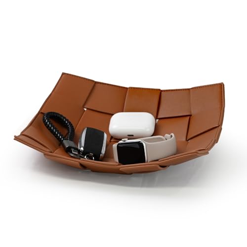 Valet Tray PU Leather Key Holder Bowl for Men and Women Entryway Table Nightstand Catchall Storage Organizer EDC Dump Tray for Wallet, Keys, Coins Men's Gift - Brown, 9.8" L x 9.8" W x 2" H - color: Brown