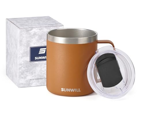SUNWILL Insulated Coffee Mug, Stainless Steel 14 oz, Splash-Proof Lid | Keeps Drinks Hot & Cold, Powder Coated Caramel Finish, Dishwasher Safe, Ideal for Home & Office - color: Powder Coated Caramel