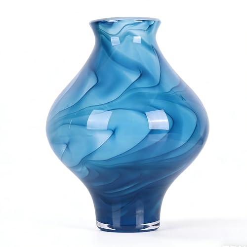 Hand Blown Blue Glass Vase 9.5in, Watertight Wide Mouth Ombre Swirl Colored Glass Vase for Flowers, Coastal Boho Tabletop Art Centerpiece for Living Room Dining Table Shelf Mantel - color: Blue