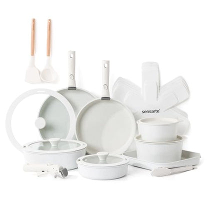 SENSARTE 24 Piece Nonstick Detachable Handle Pots and Pans Set White | Removable Handle Cookware Set, Induction Cookware Set with Removable Handle, Healthy Non Stick for RV, Dishwasher ＆ Oven Safe - color: White, size: 24 Piece