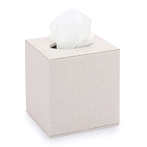 Sumnacon Square Linen Tissue Box Cover - Stylish Cube Tissue Box Holder with Magnetic Bottom, Decorative Tissue Box for Vanity Toilet Tank Dresser Night Stand Table Countertop Office Car, Beige - color: Beige
