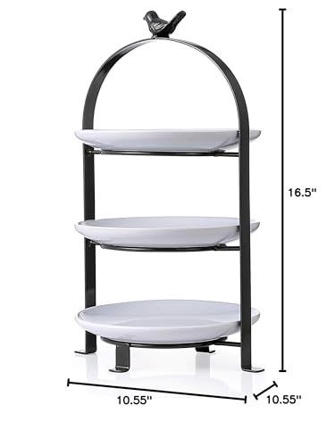 SparkWorks 3 Tiered Cake Stand, Tea Party Serving Platter, Dessert and Cupcake Stand, Metal Tiered Serving Stand Includes Three Premium White Stoneware Plates - size: 8.5 inch