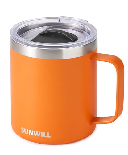 SUNWILL Insulated Coffee Mug with Lid, Travel Tumbler with Handle, 14 oz Stainless Steel Cup for Camping, Office, Home, Powder Coated Orange - color: Powder Coated Orange