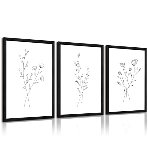 Flower Line Wall Art Set of 3 Botanical Canvas Wall Decor Floral Minimalist Wall Art Abstract Plant Pictures Flower Line Prints Black White Floral Artwork for Room Bedroom 12x16 Inch Framed - color: Botanical Line Prints, size: 16"L x 12"W, style: Framed