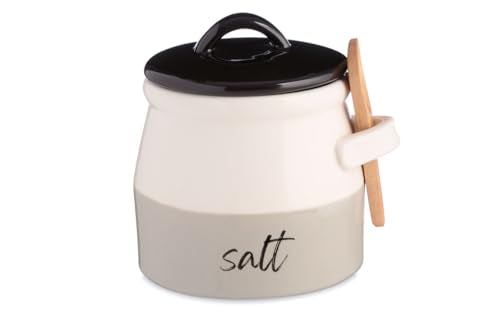 Salt Cellar with Lid and Spoon 10 oz - Handmade Ceramic Salt Keeper with 1.75 inch Lid and 3 inch Bamboo Spoon - Stylish Salt Container for Kitchen Decor