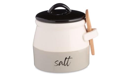Salt Cellar with Lid and Spoon 10 oz - Handmade Ceramic Salt Keeper with 1.75 inch Lid and 3 inch Bamboo Spoon - Stylish Salt Container for Kitchen Decor